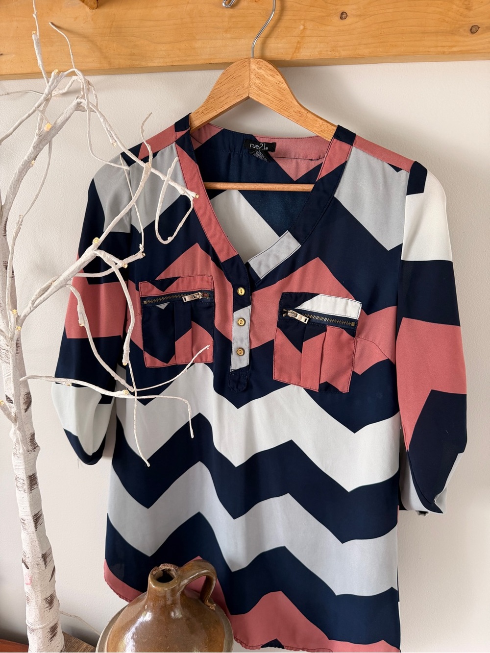 rue21 Chevron V-Neck Blouse in Navy, Dusty Rose & White